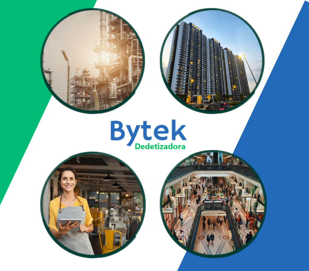Segmentos de atuação da Bytek Dedetizadora: indústrias, condomínios, restaurantes e shoppings